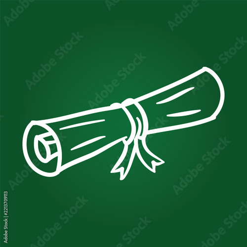 Rolled diploma certificate line art icon on green chalkboard background for education presentations, graduation web design, and academic layouts