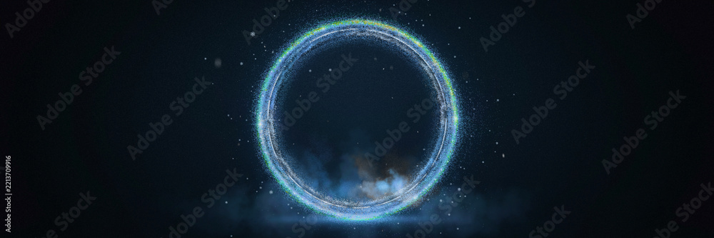 Naklejka premium Glowing icy blue neon particle ring with silver inner lines on dark navy background, luminous circular frame with cold blue mist, tiny snowflakes and falling snow, magical winter banner with copy spac