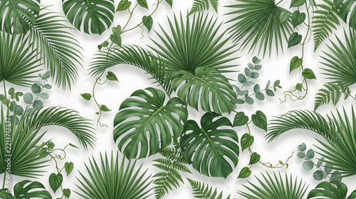 Seamless tropical foliage pattern background featuring lush green monstera deliciosa leaves areca palm fronds delicate ferns and hanging eucalyptus branches arranged on clean white backdrop