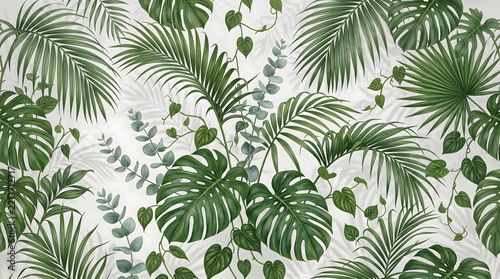 Elegant tropical leafy foliage pattern design with realistic green monstera leaves swaying palm fronds climbing ivy vines and eucalyptus sprigs on soft light grey background for wallpaper