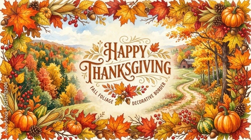 Festive happy thanksgiving background with autumn leaves pumpkins and a bright sky