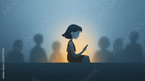 Girl using a smartphone surrounded by blurred silhouette shadows