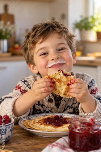 Smiling little boy with milk mustache eating pancake with raspberry jam at wooden table in cozy kitchen
