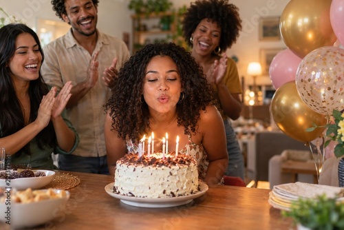 Young woman blowing candles on birthday cake while friends clapping at home party with balloons, multiethnic group