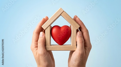 Hands Holding Wooden House Frame with Red Heart Symbolizing Home Security and Family Love Protection