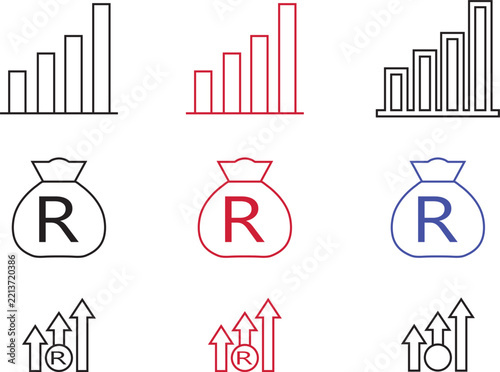 Financial Growth and South African Rand Currency Icons Vector Set