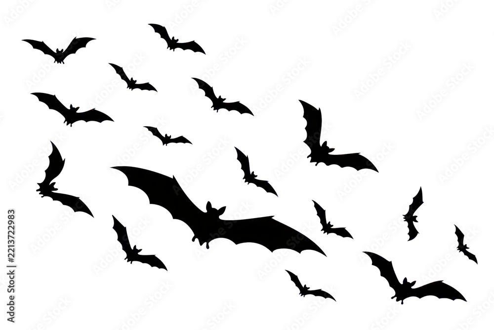 Fototapeta premium Flying bats isolated PNG, dark spooky silhouettes flow on transparent background, halloween graphic element