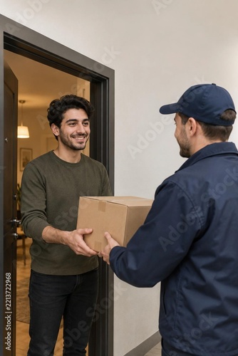 Smiling young man receiving cardboard box, courier in cap at apartment door, home parcel delivery service, package
