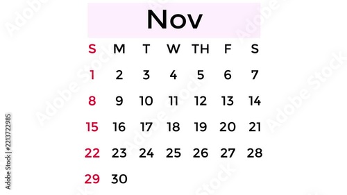 Simple November 8, 2026 calendar, pastel pink on a white background.
