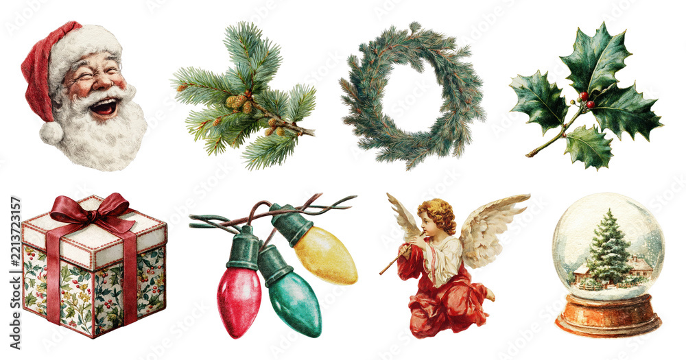 Fototapeta premium PNG Vintage Christmas holiday decoration elements, element set on transparent background