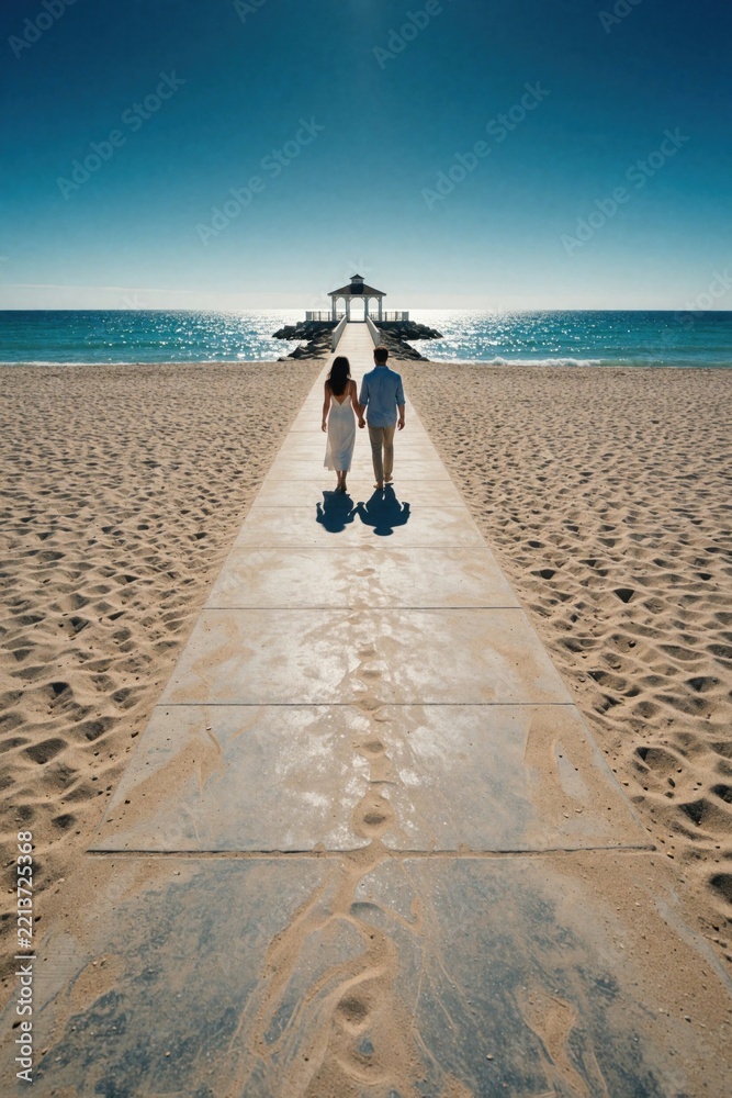 Fototapeta premium Young couple walks on concrete walkway towards ocean pier. Man, woman enjoy summer vacation at tropical beach. Sunny day with blue sky, calm sea water. Romantic stroll along coast by white sand,