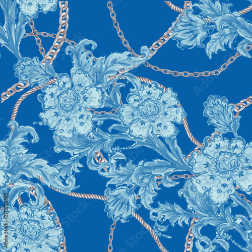 Baroque Jacobean blue and silver damask motif design illustration artwork for textile print, digital clipart, decorated interior, wallpapers and gift card