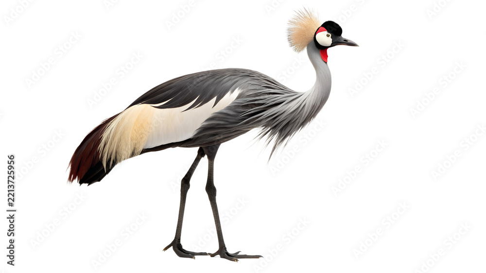 Fototapeta premium Grey crowned crane bird standing isolated on a transparent background