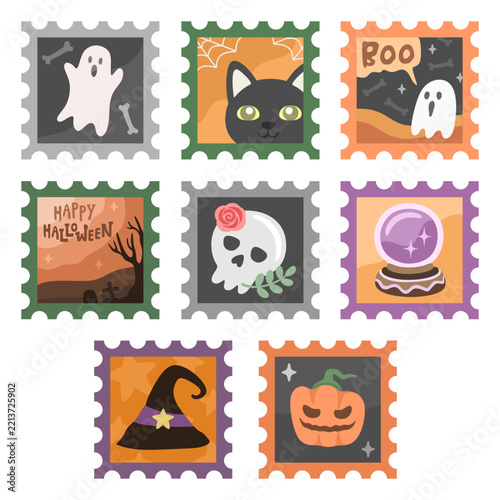 Halloween Decorative Stamps Collection with Ghost, Black Cat, Skull, Witch Hat and Pumpkin 