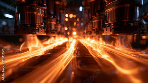 Automated Industrial Machinery Processing Glowing Molten Metal in Factory