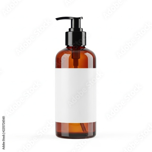 Amber pump bottle with blank label for cosmetic product packaging