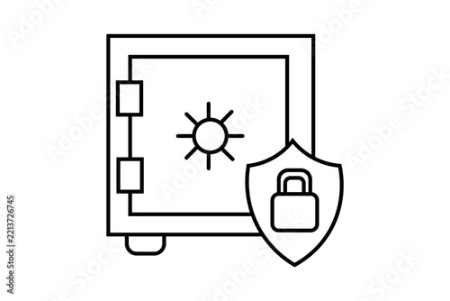 The image depicts a minimal, black-and-white line art icon representing financial security and data protection.