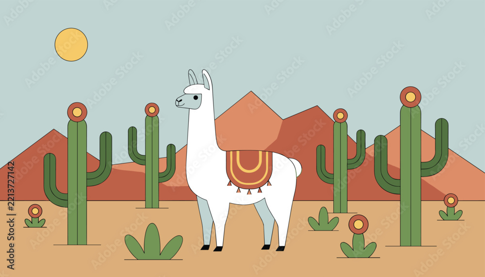 Fototapeta premium White llama wearing a traditional colorful saddle standing in a desert landscape with tall cacti and mountains at a warm sunset.