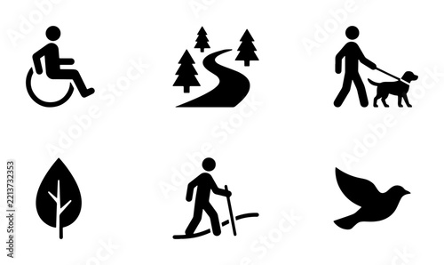 Nature and people silhouettes set with wheelchair user, hiker, dog walker, leaf and bird for travel and leisure
