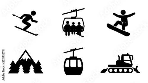 Skiing and snowboarding silhouettes set with ski lift, gondola, mountain and snow groomer for winter sports and travel