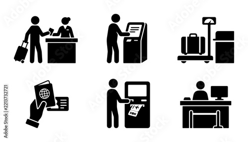 Airport check-in silhouettes with passenger, agent, kiosk, baggage scale, passport and ticket for travel concept