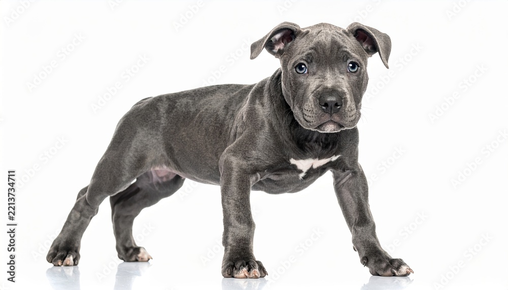 Fototapeta premium Gray pit bull puppy standing alert isolated on clean white
