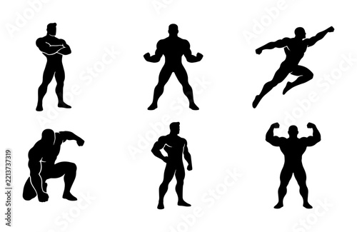 Superhero silhouettes set with figures in action poses for fitness and comic book design