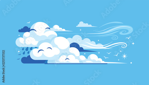 Weather illustration showing a group of stylized white clouds with falling rain drops and wind swirls against a bright blue sky.