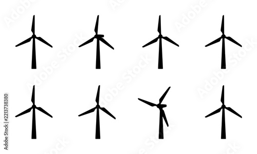 Wind turbine silhouettes set with various angles for renewable energy concepts logo