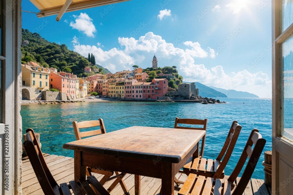 Fototapeta premium Empty wooden table, chairs on sunny pier overlook blue sea, colorful coastal town. Summer vacation view from balcony with Mediterranean buildings, hills, bright sky. Peaceful seaside terrace offers