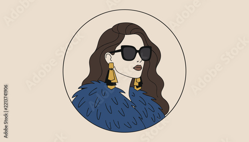 Portrait of a stylish woman with long wavy brown hair wearing large sunglasses and golden earrings in a circle.