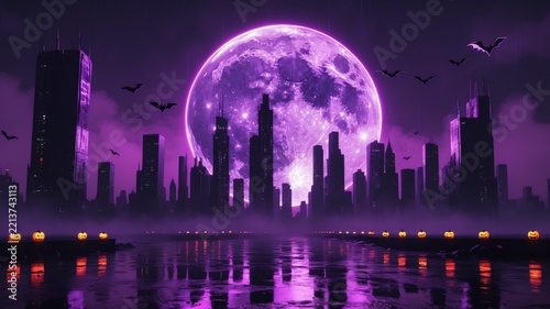 Neon Purple Orange Full Moon Cyberpunk Halloween