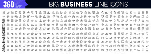 Big collection of 360 business icons in line style. Web icon pack for profit, office, meeting, management, success, strategy, compliance, business model, and corporate. UI editable vector illustration