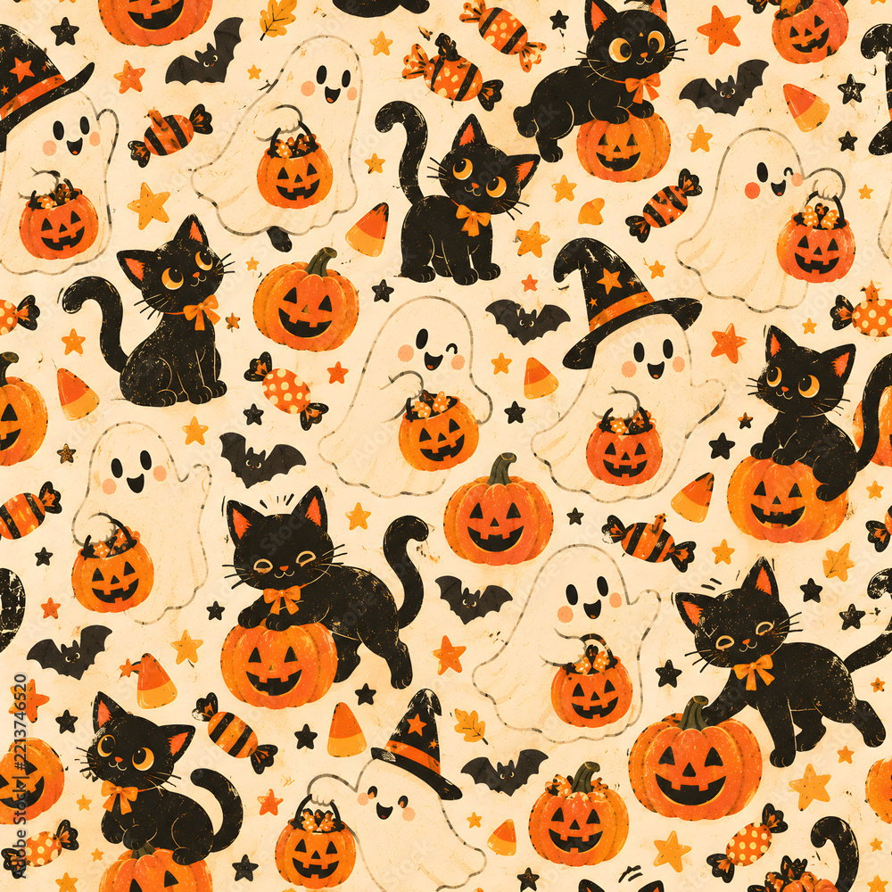 Obraz premium Seamless vintage Halloween pattern with cute trick-or-treat ghosts, black cats, pumpkin buckets, candy, bats and stars on a warm retro background.