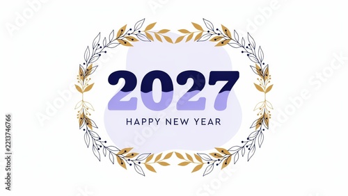 2027 new year celebration graphic with gold floral border and transparent background