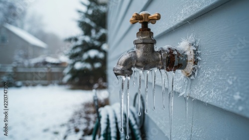 Icicles hang from a frozen outdoor water faucet during winter. Plumbing emergency concept for home repair.