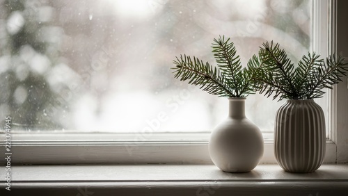 Pine branches in vases on a windowsill with snow falling outside. Winter decor for a cozy home.