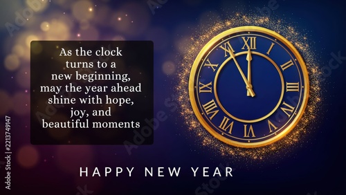 Golden clock graphic with new year message for holiday greeting card design