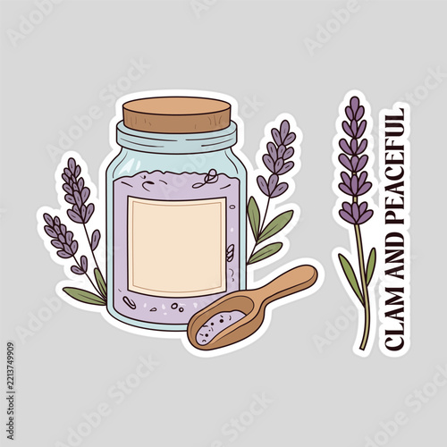 Cute Lavender Jar, Bath Salts, and Calm & Peaceful Quote Stickers Vector Set