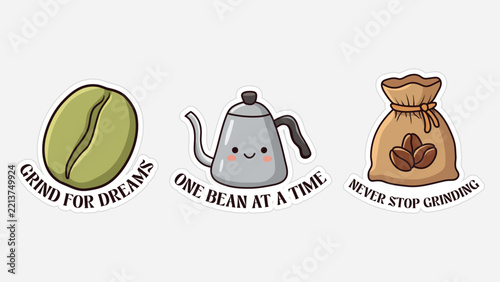 Cute Kawaii Coffee Stickers Set with Motivational Quotes