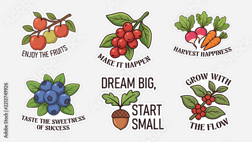 Cute Botanical and Fruit Motivational Quote Stickers Collection