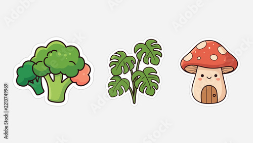 Cute Kawaii Broccoli, Monstera Plant, and Smiling Mushroom House Stickers Set