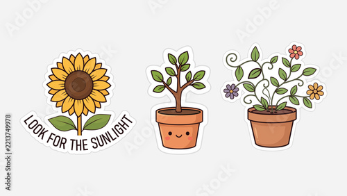 Cute Kawaii Plant and Sunflower Stickers Set with Motivational Quote