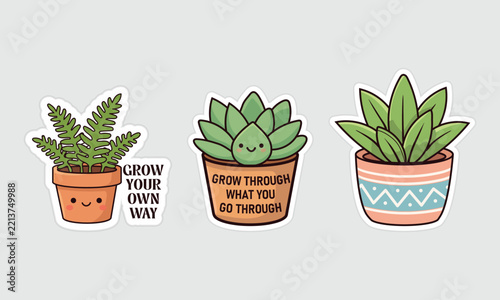 Cute Houseplants Sticker Set with Inspirational Quotes