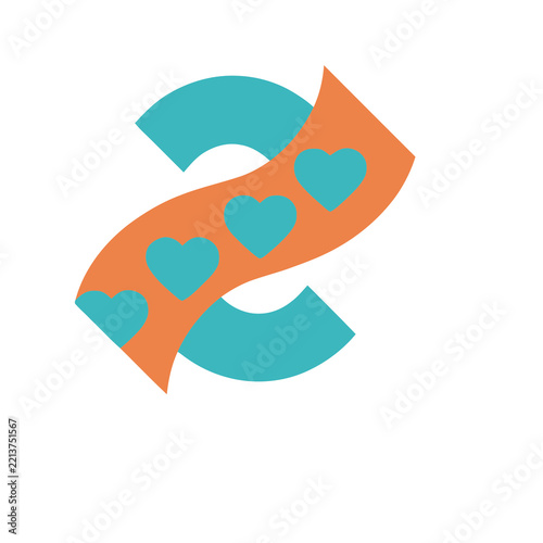 Orange ribbon with hearts on blue shape