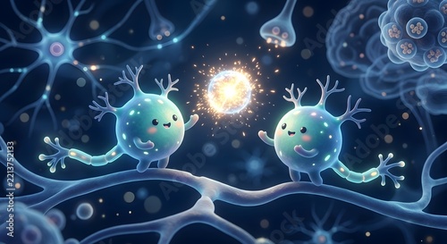 Digital illustration of stylized blue neuron characters and glowing orb