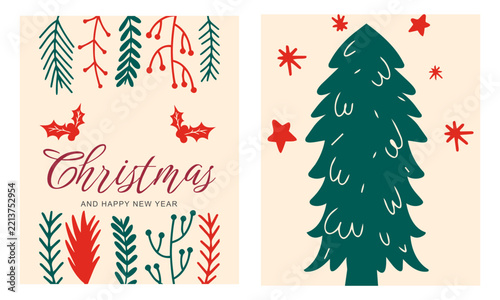 Vector Christmas Illustration set with festive holiday elements, Christmas tree, Santa Claus, gift boxes, and winter decorations for holiday greeting cards, banners, and social media posts