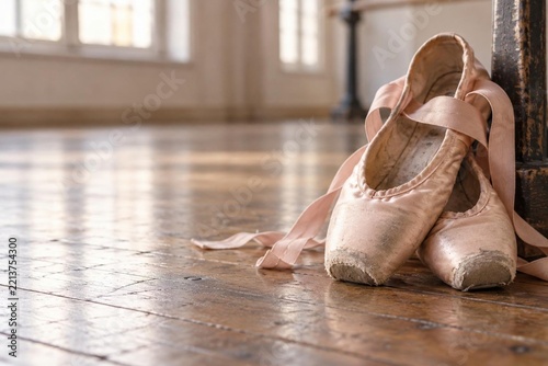Worn pink satin pointe shoes with ribbons on wooden floor of sunlit ballet studio, dancer life, nobody