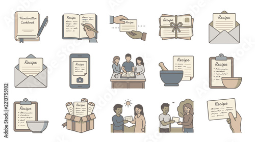 Recipe cards and cookbooks depict culinary activities, social sharing of food, and cooking traditions in a modern kitchen.