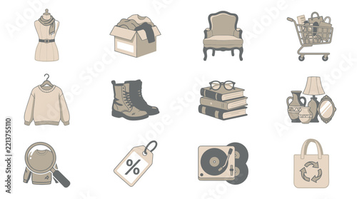 Lifestyle objects and shopping items are presented as a collection of flat vector icons for retail and home decor concepts.